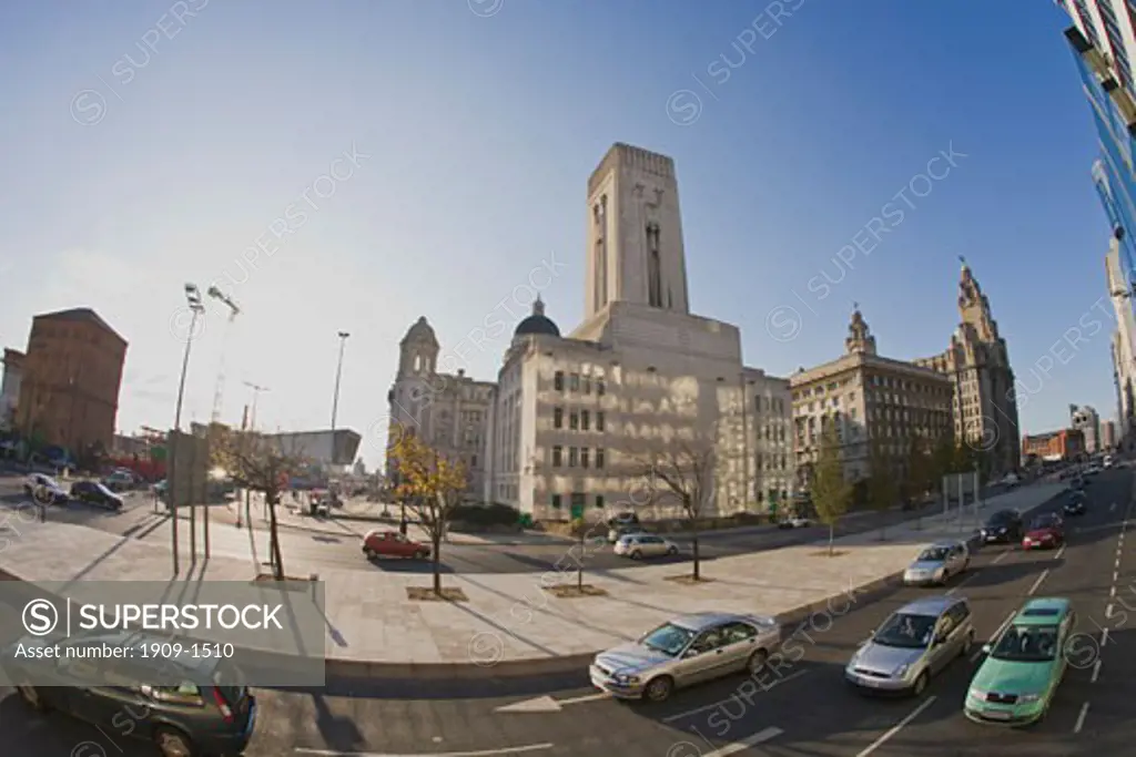 Port of Liverpool and the Liver Building in autumn sunshine Liverpool city centre Merseyside England UK United Kingdom GB Great Britain British Isles Europe EU