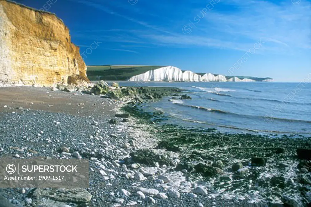 Seven Sisters Cliffs from the beach at Cuckmere Haven on a summers evening with the English Channel Sussex England UK United Kingdom GB Great Britain British Isles Europe EU