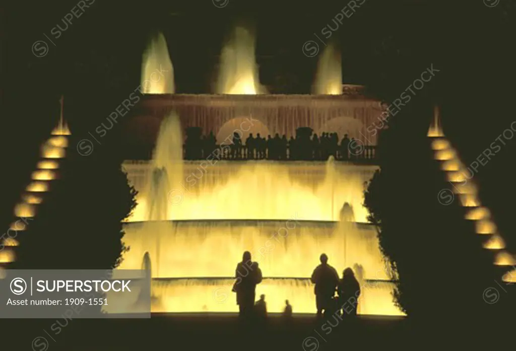 The Font Magica or Magic Fountain below the Palau Nacional in Barcelona Catalonia Spain Espana Europe where floodlit fountains and cascades are accompanied by a musical evening performance