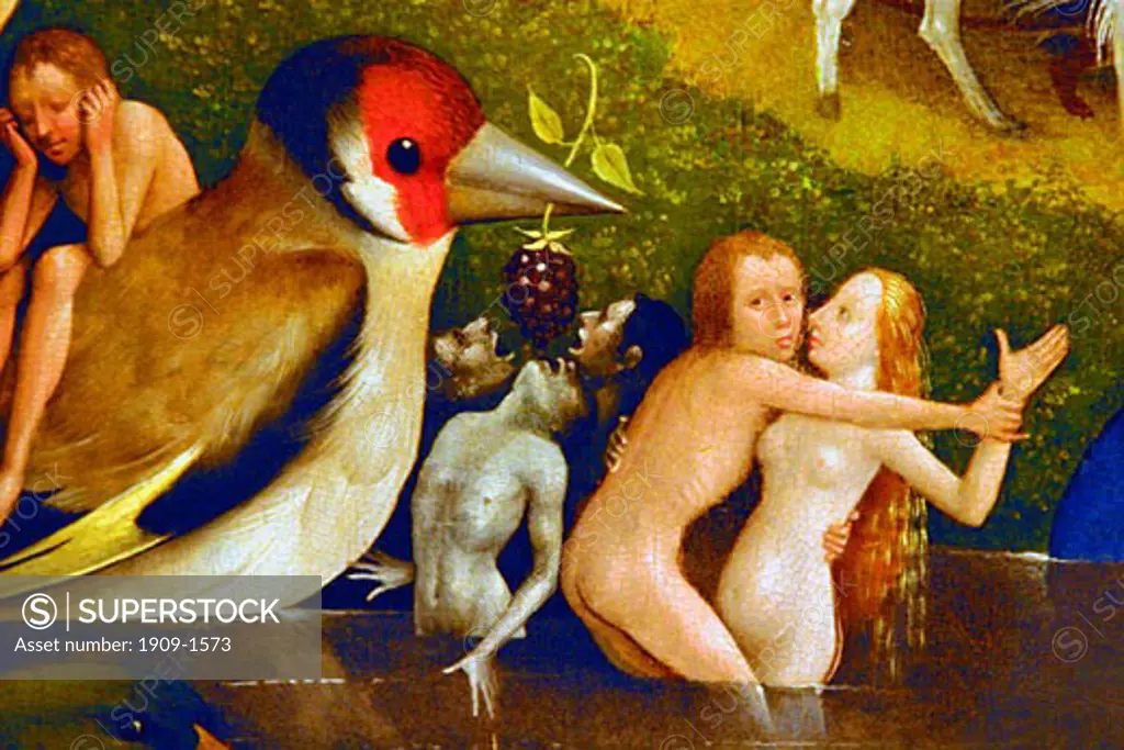 Garden of Earthly Delights or The Painting of the Strawberry Tree by Hieronymus van Aeken Bosch Prado Museum El Museo Art Gallery Madrid Spain Espana Europe EU This triptych shows naked humans trapped by earthly pleasure and desire