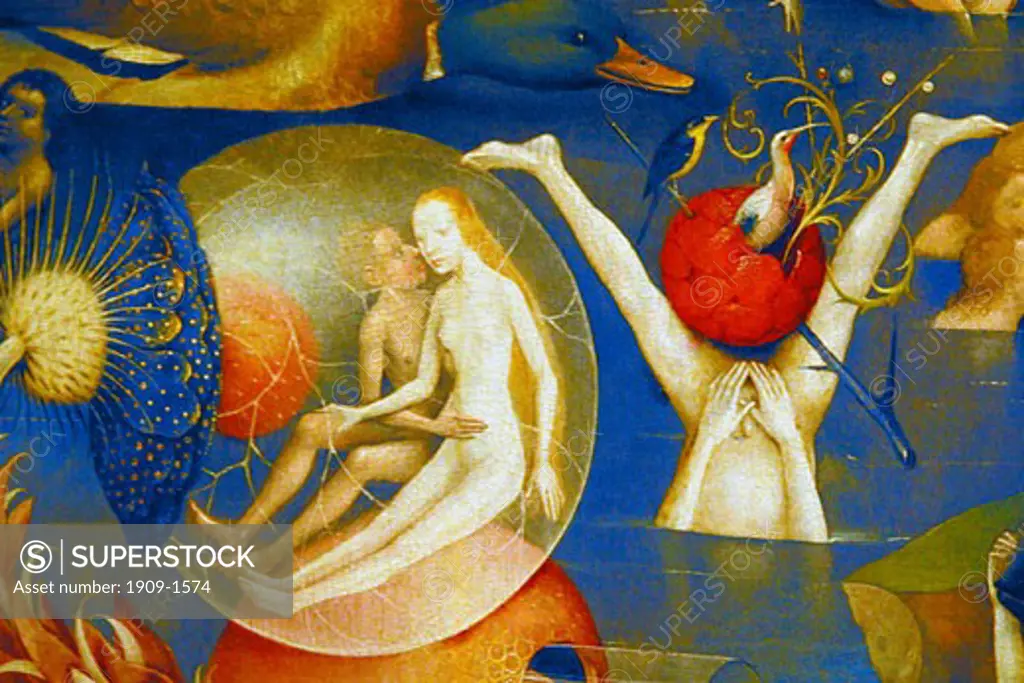 Detail of The Garden of Earthly Delights or The Painting of the Strawberry Tree by Hieronymus van Aeken Bosch Prado Museum El Museo Art Gallery Madrid Spain Espana Europe EU