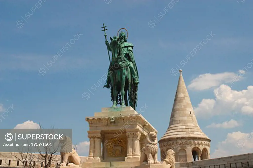 Budapest city Buda Castle St Stephen s Statue Monument Fishermans Bastion view Hungary Eastern Europe horizontal full color colour