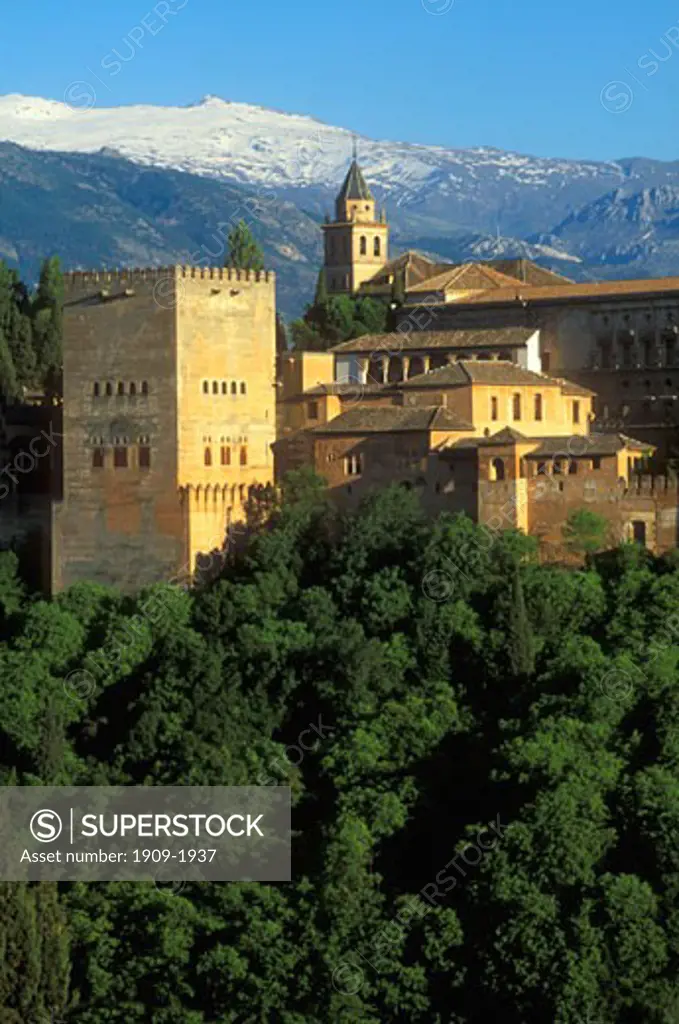 Granada Alhambra Moorish Fortress in evening sun in spring Spain Espana Europe sunshine with snow on Sierra Nevada Granada Andalucia  Evening light on the Alhambra probably the finest remaining example of Moorish architecture in Spain
