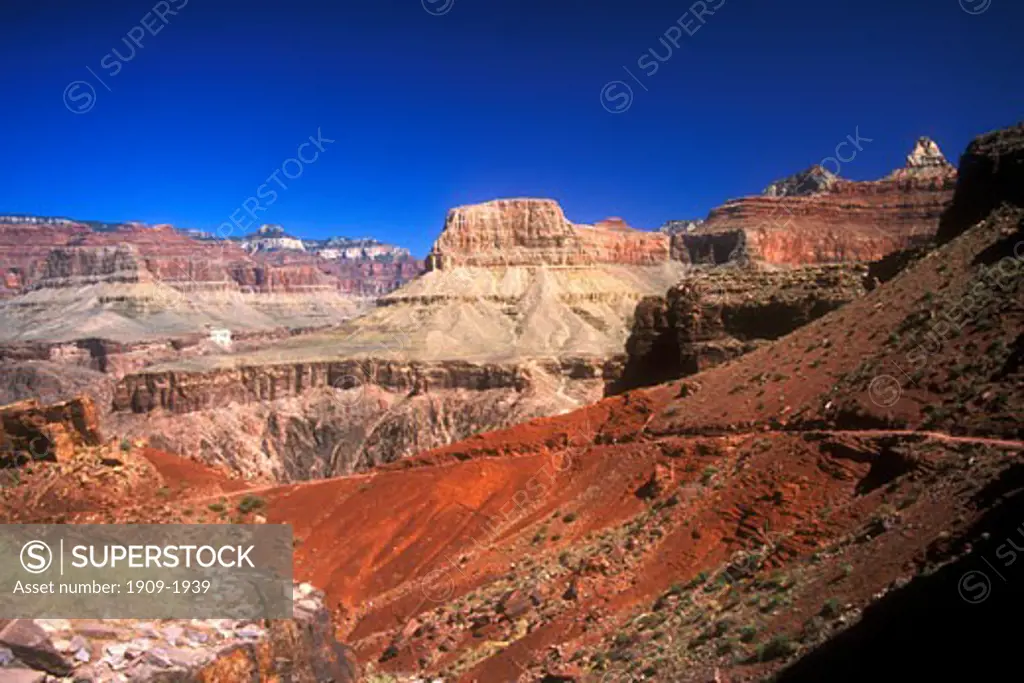 The Grand Canyon Kaibab Trail descent of Grand Canyon National Park Arizona takes about 6 hours to the Colorado river