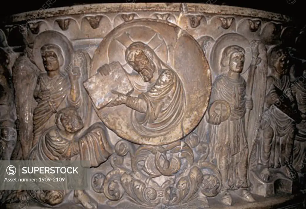 Lucca San Frediano Church romanesque carved font showing the Life of Christ 13th Century Lucca Tuscany Italy Europe EU