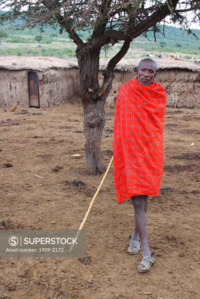 Masai warrior in traditional red blanket in Masai village showing mud huts made of sticks and cow dung on safari Masai Mara National Nature Reserve Kenya East Africa