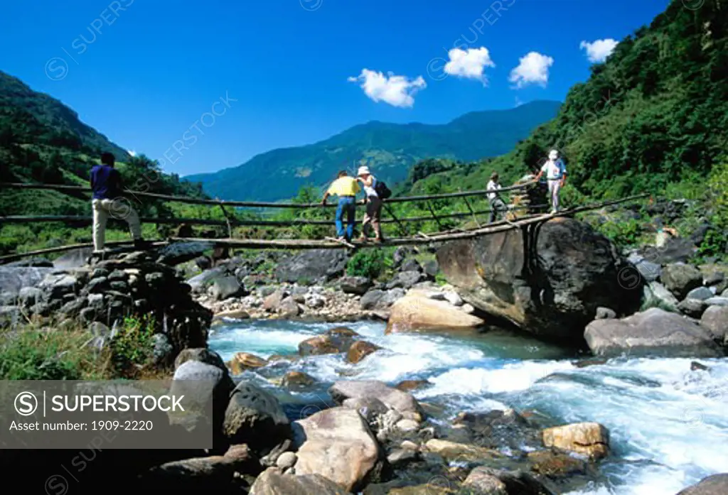 The Siklis Trail south of Annapurna is off the beaten track Here the trek crosses the Seti river by bamboo bridge Annapurna region Nepal Asia