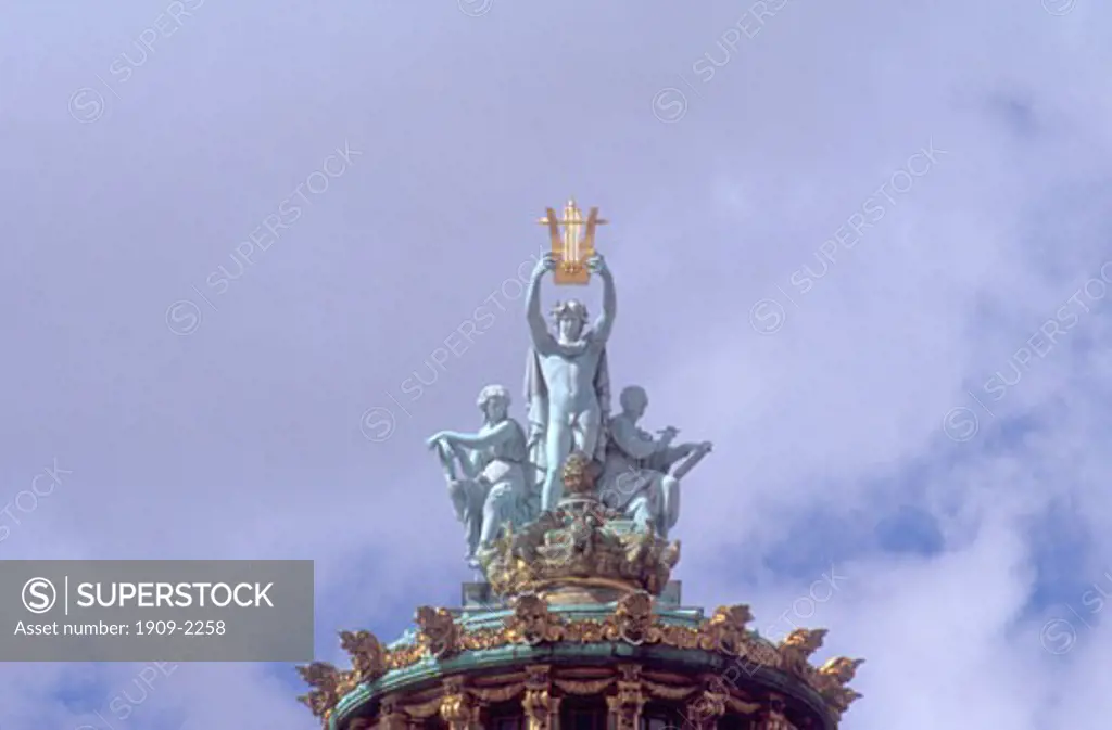 The roof of the magnificent Opera Garnier in Paris declares music to the heavens France Europe sculptures on top of roof of the Opera Garnier Paris France