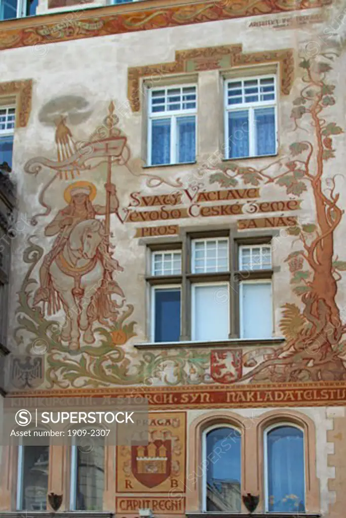 Prague Old Town Square St Wenceslas on horseback mural on Storch House Czech Republic Eastern Europe EU