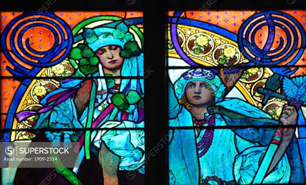 Prague St Vitus cathedral stained art nouveau glass window by Alfonse Mucha Prague Czech Republic Eastern Europe EU