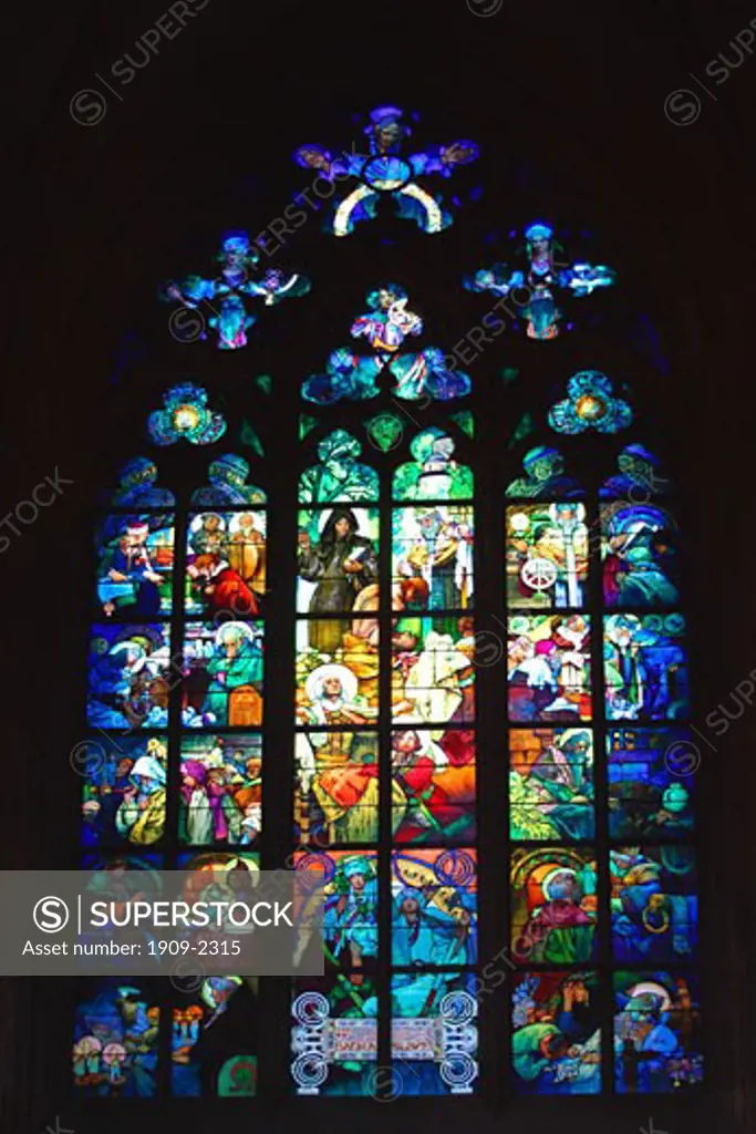 Prague St Vitus cathedral stained Glass Window by Alfonse Mucha Prague Czech Republic Eastern Europe EU The window is a good example of Art Nouveau stained glass and shows St Cyril and St Methodius