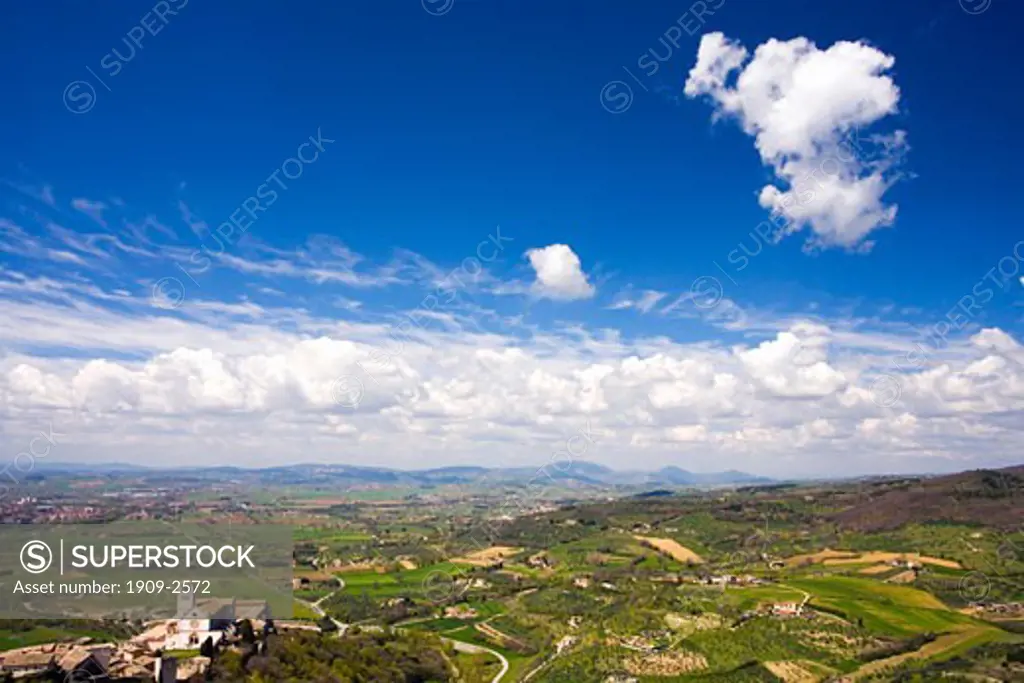 Basilica of Saint St Francis and surrounding panorama of countryside in Umbria Assisi Asissi Assissi Italy Italia Europe EU
