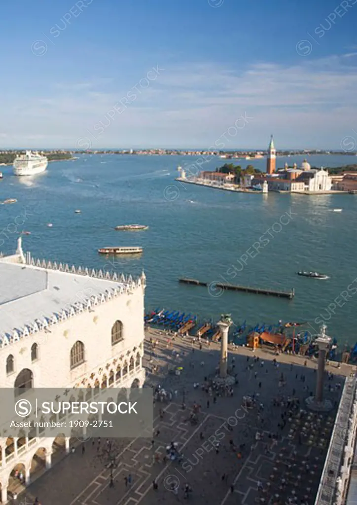 San Giorgio Maggiore church and monastery and Doges Palace aerial view in late evening sunshine taken from St Marks Campanile Venice Veneto Italy Europe EU