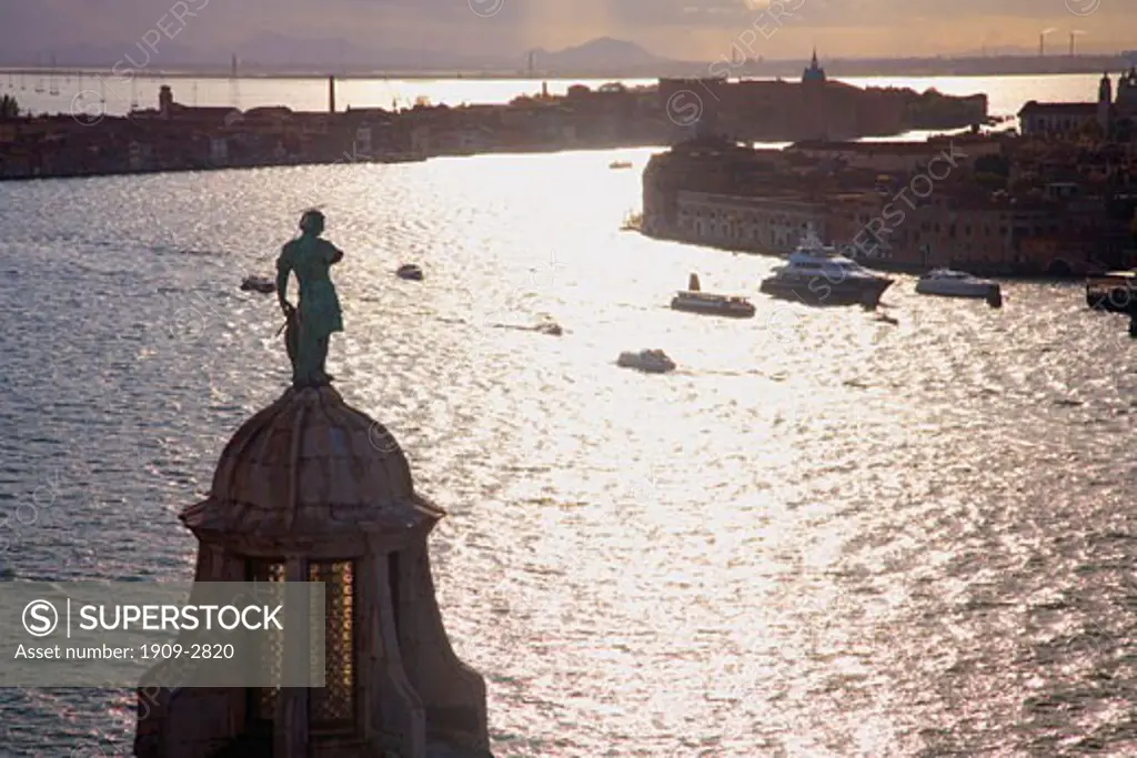 Venice waterfront panorama in evening light taken from the Belltower Campanile of the Church of San Giorgio Maggiore Italy
