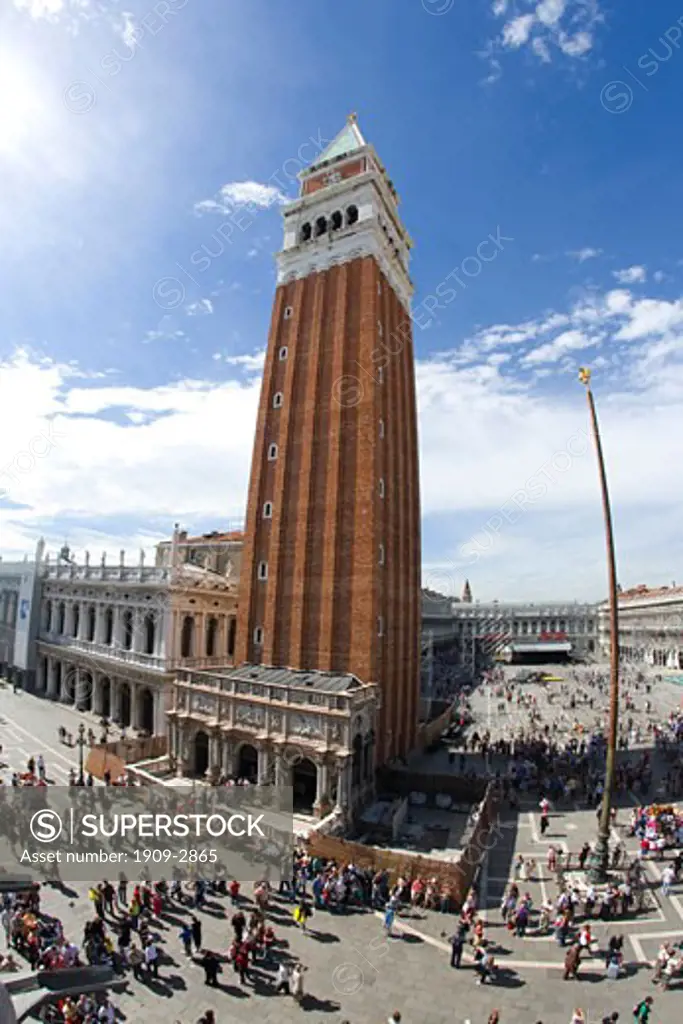 Venice Campanile Belltower on sunny summers day from balcony of St Marks Basilica di San Marco looking to St Marks Square Piazza Veneto Italy Europe EU