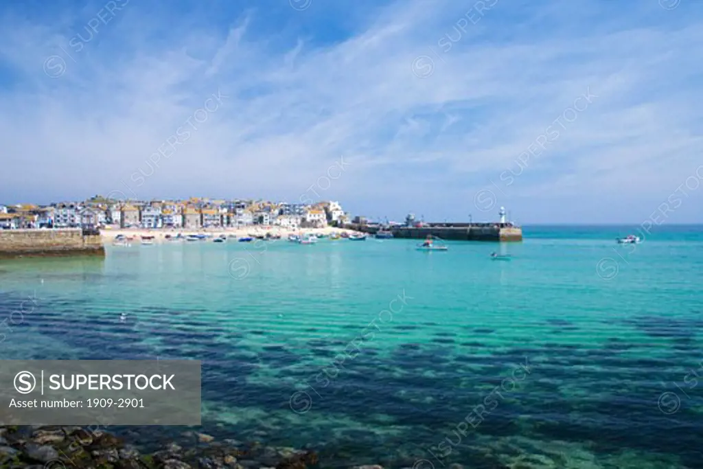 St Ives harbour harbor and beach with the Atlantic ocean on a sunny summers day St Ives South West Cornwall England UK United Kingdom GB Great Britain British Isles Europe EU