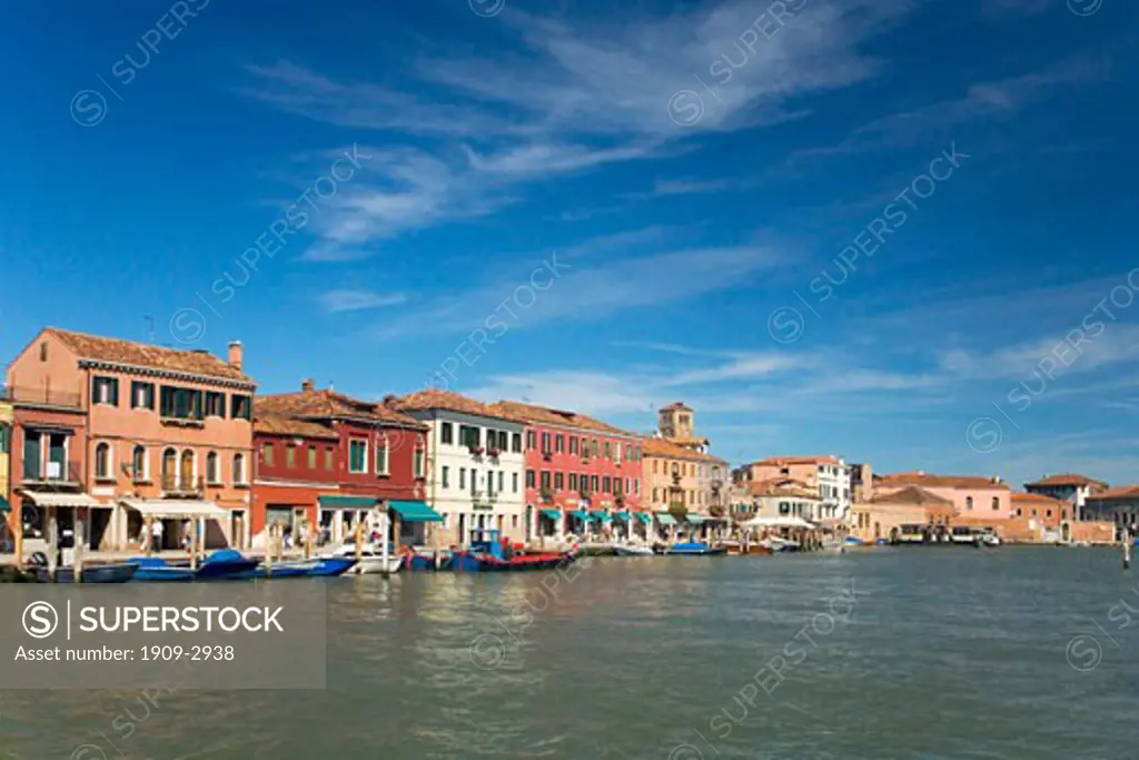 Murano Island canal view in summer sun with blue sky Veneto Lagoon Venice Italy Europe EU
