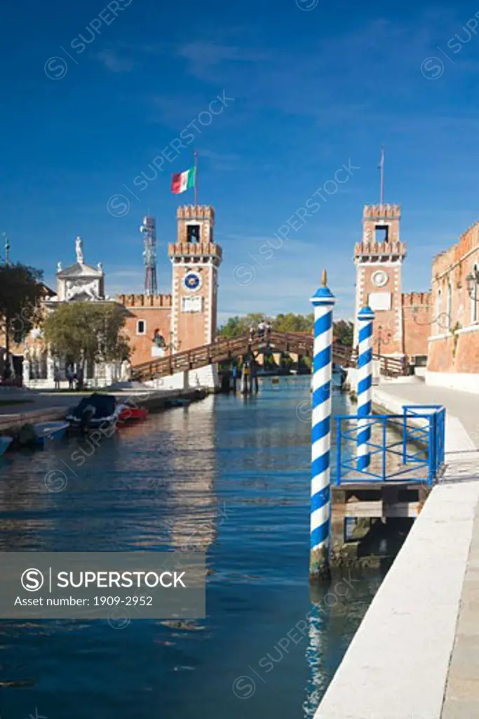 Arsenale main entrance to naval dockyard in summer sun with blue sky Castello district Venice Veneto Italy Europe EU