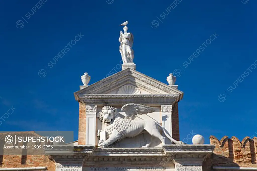 Arsenale main entrance detail of winged lion Castello district Venice Veneto Italy Europe EU
