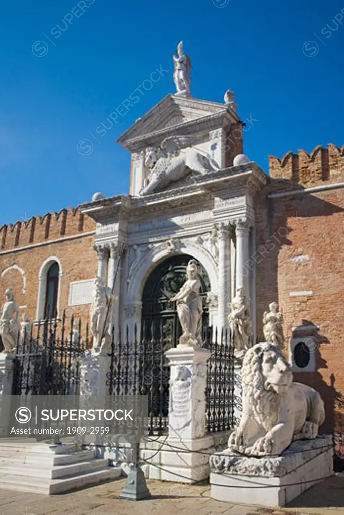 Arsenale main entrance fort to naval dockyard in afternoon summer sun sunshine Castello district Venice Veneto Italy Europe EU At the height of Venices power the Arsenale was the largest shipbuilding area in the known world