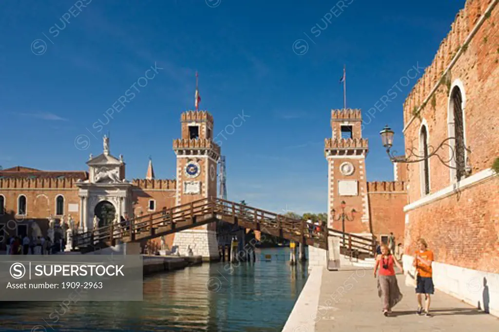 Arsenale bridge and entrance fort to naval dockyard in afternoon summer sun sunshine Castello district Venice Veneto Italy Europe EU At the height of Venices power the Arsenale was the largest shipbuilding area in the known world