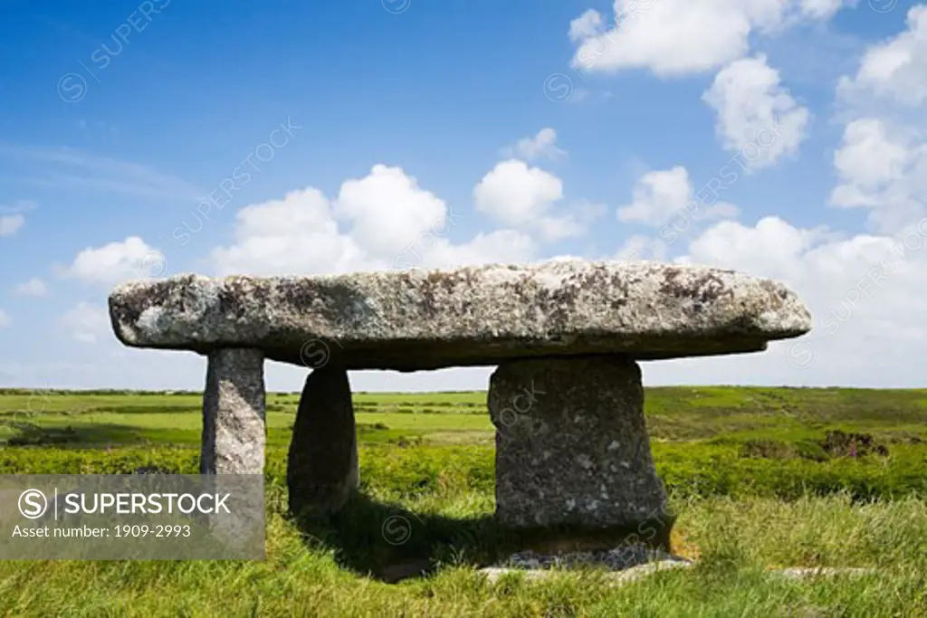 Lanyon Quoit near Madron West Penwith on the Lands End peninsula on a sunny summers day Cornwall England UK United Kingdom Great Britain GB Europe