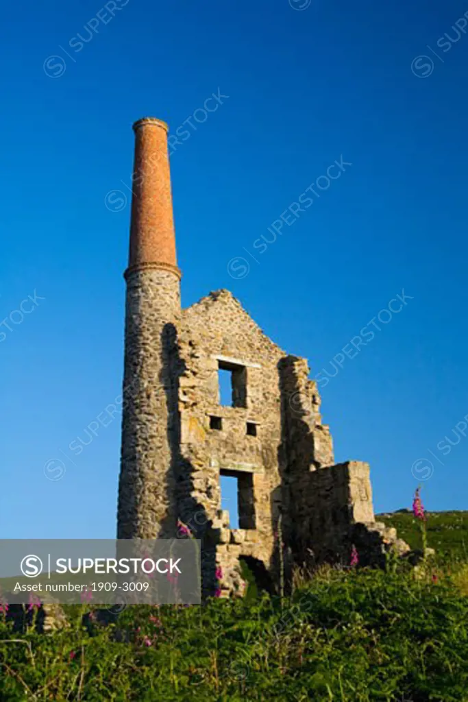 Ruined cornish engine house of Carn Galver Copper Mine in summer sunshine with chimney and foxgloves at Bosigran West Penwith Cornwall England UK United Kingdom GB Great Britain British Isles Europe EU
