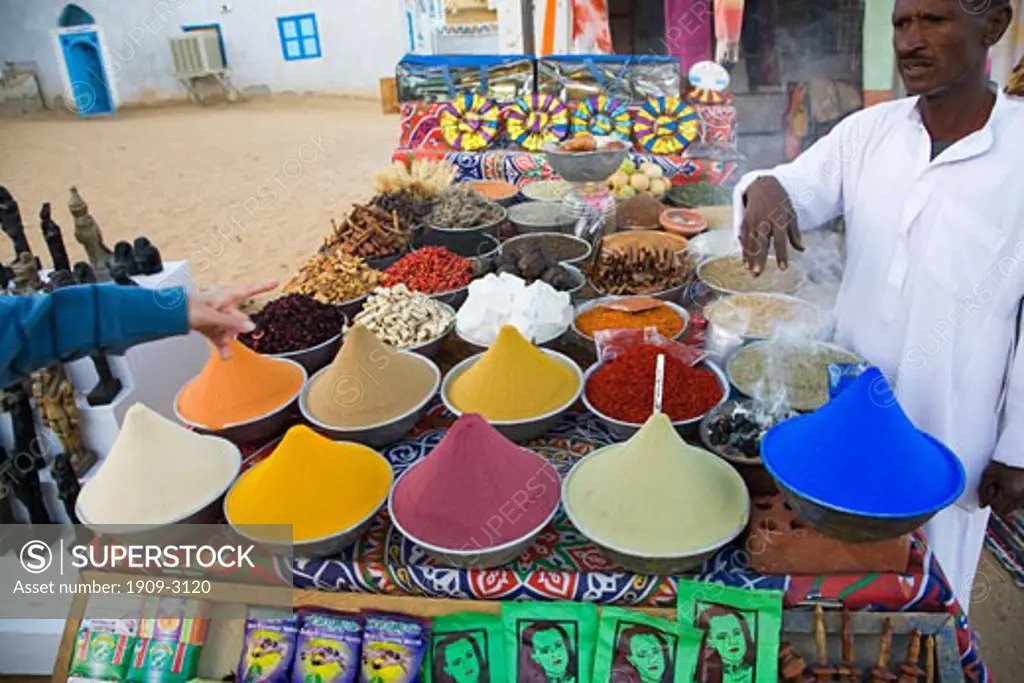 Colourings colorings and spices for sale in outdoor market in nubian village near Aswan Egypt North Africa Middle East