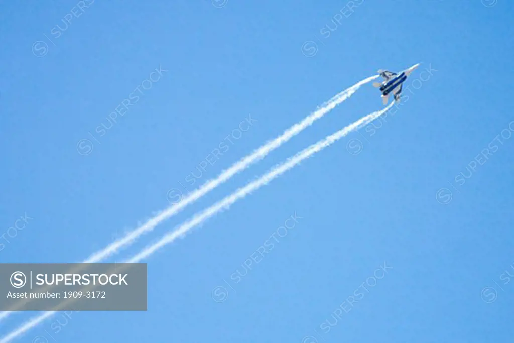 MIG 29M OVT jet fighter of the Russian Aircraft Corporation flies in blue sky at Fairford International Air Force Show in Fairford Gloucestershire England UK United Kingdom GB Great Britain British Isles Europe EU July 2006