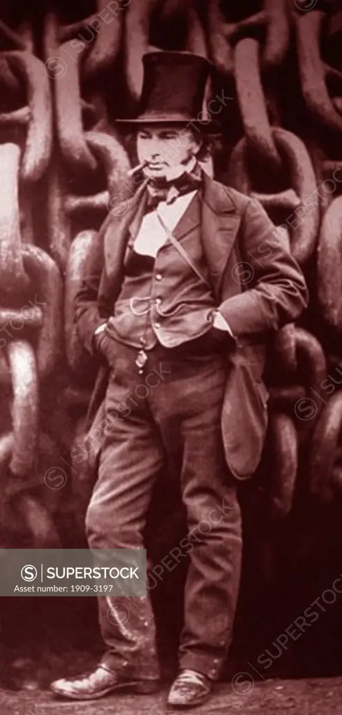 Isambard Kingdom Brunel the famous english victorian engineer and inventor in an iconic pose with billycock top hat in front of chains used in the launch of the Great Eastern at Millwall in 1857 He lived from 1806 until 1859