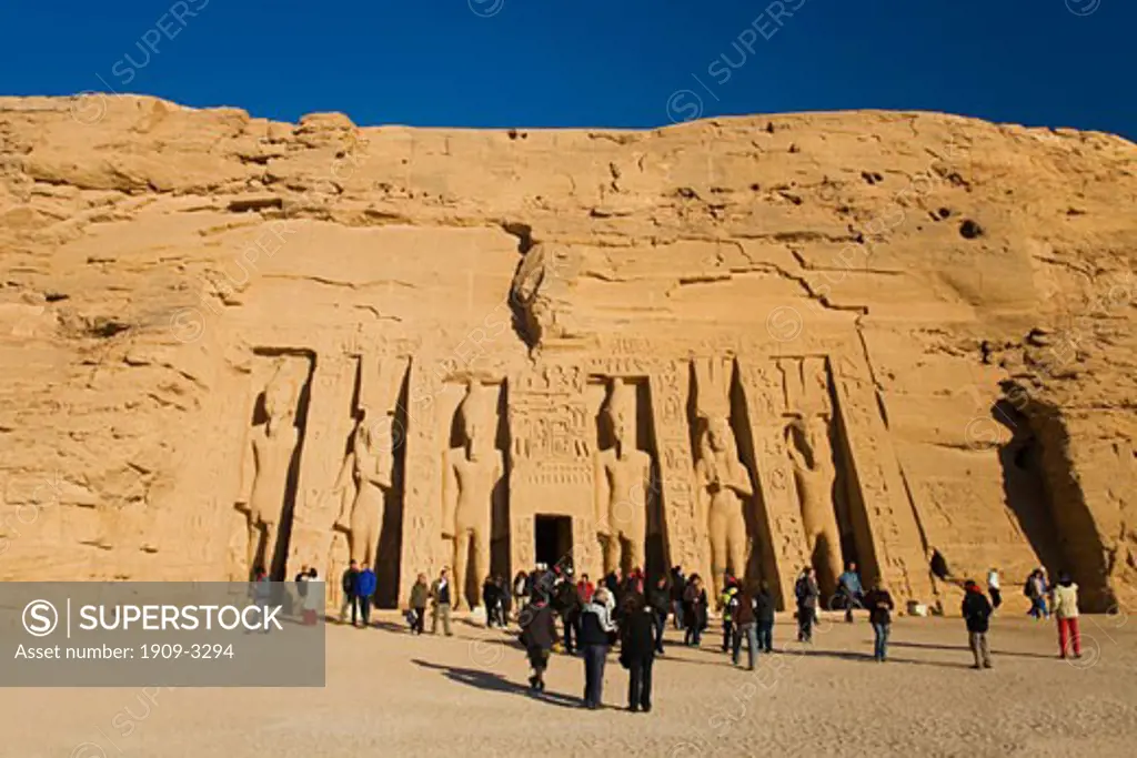 Abu Simbel Small Temple exterior entrance statue carvings showing Ramses II and Queen Nefertari Nubia Upper Egypt North Africa