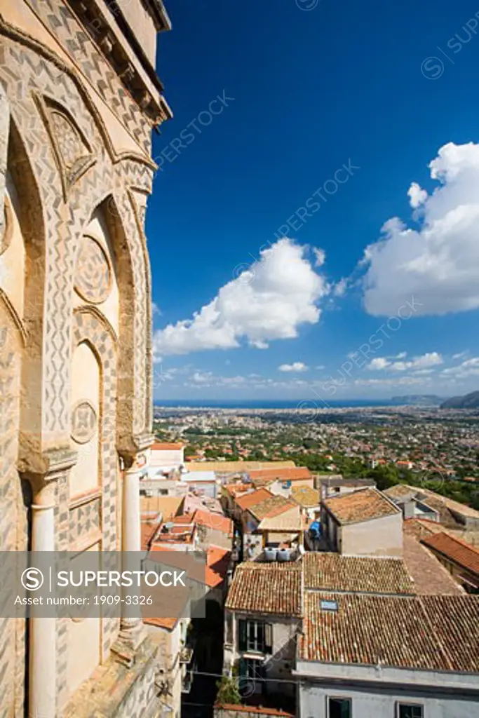 Monreale Cathedral near Palermo exterior view looking to Palermo harbor harbour bay Sicily Italy Europe EU