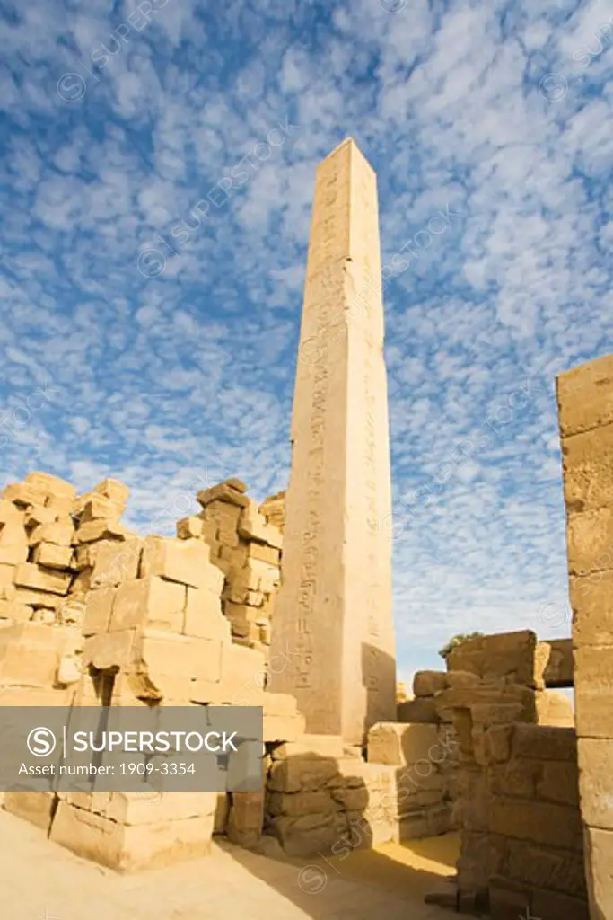 Temple of Amun Re Amun-Re with sun on obelisk erected by Queen Hatshepsut Thebes Luxor Egypt North Africa