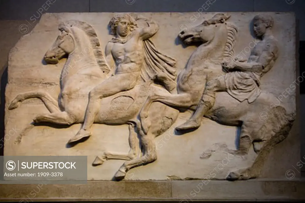 Elgin Marbles horsemen from marble frieze on north side of Parthenon Athens 4th fourth century C BC British Museum London England UK United Kingdom GB Great Britain British Isles Europe EU