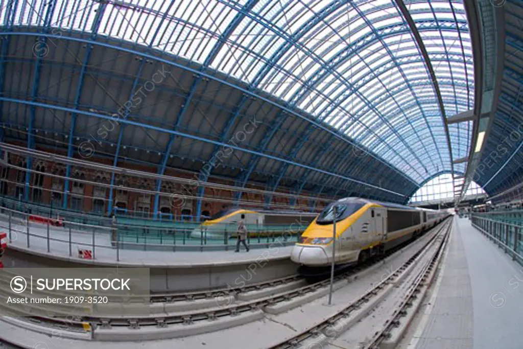 Eurostar trains at platforms in St Pancras Station London England UK United Kingdom GB Great Britain British Isles Europe EU