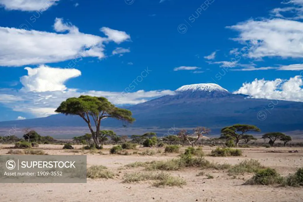 Amboseli National Park with sun and snow on Mount Kilimanjaro Kenya East Africa