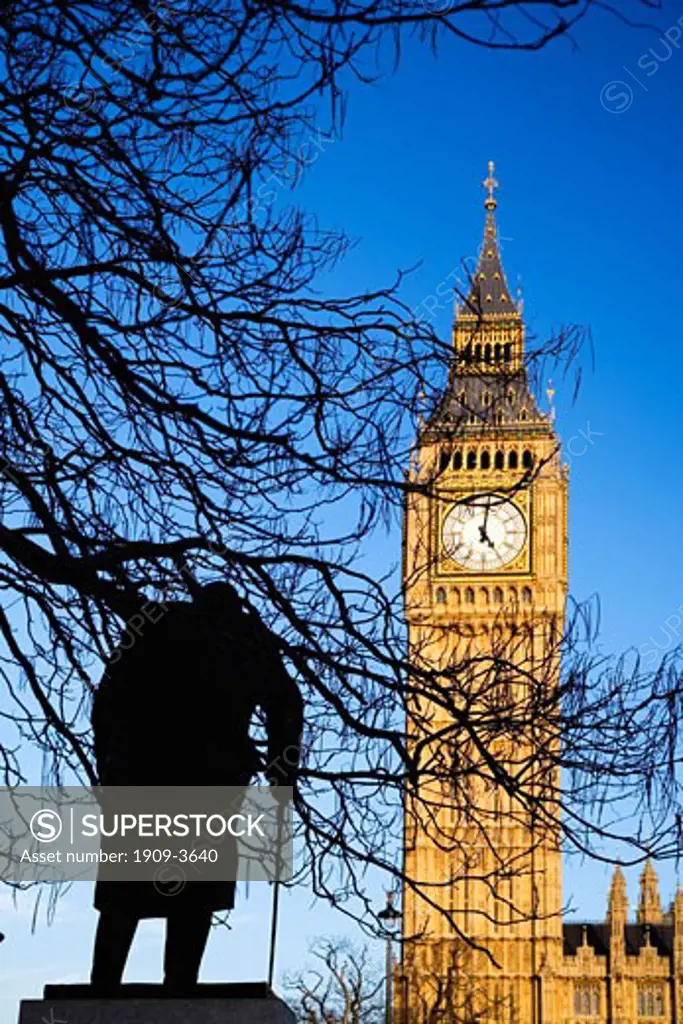 Statue of Prime Minister Winston Churchill in Parliament Square opposite Big Ben clock clocktower in evening sun sunshine in spring winter London England