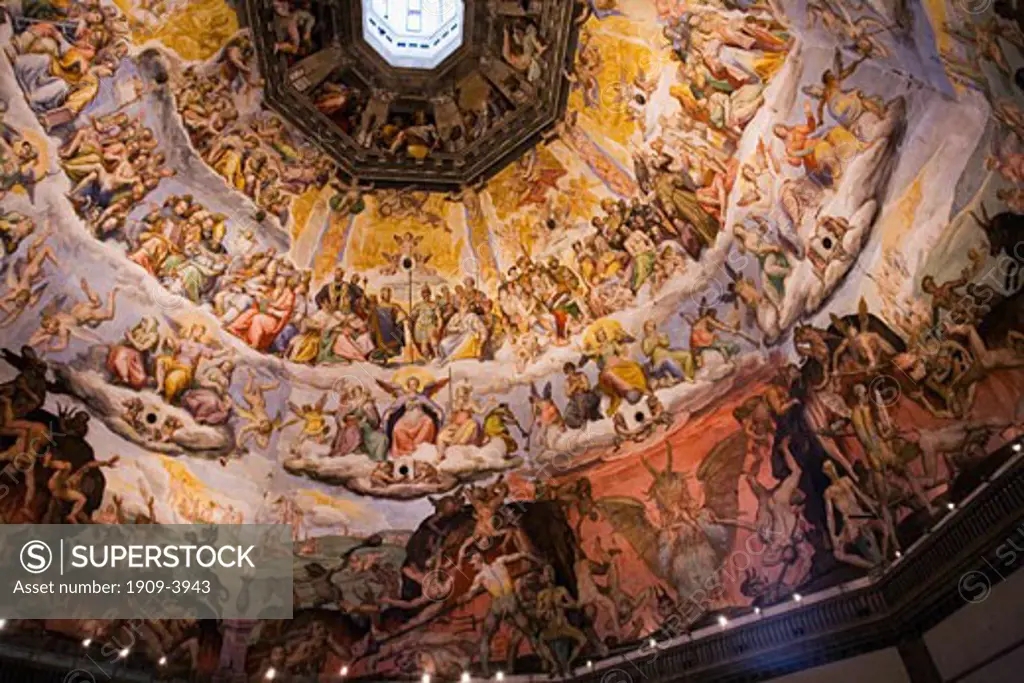 Florence Duomo Santa Maria del Fiore cathedral interior of Brunellesci dome cupola with frescoes of the Last Judgement by Vasari Florence Firenza Tuscany Italy Italia Europe EU