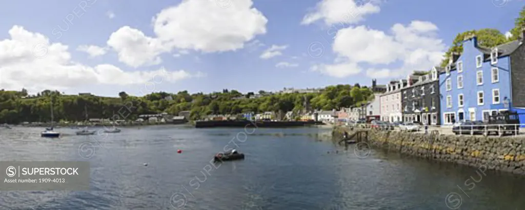 Tobermory town and harbour in late spring early summer sunshine blue sky Isle of Mull Inner Hebrides Argyll Scotland UK United Kingdom Scottish Isles GB Great Britain British Isles Europe