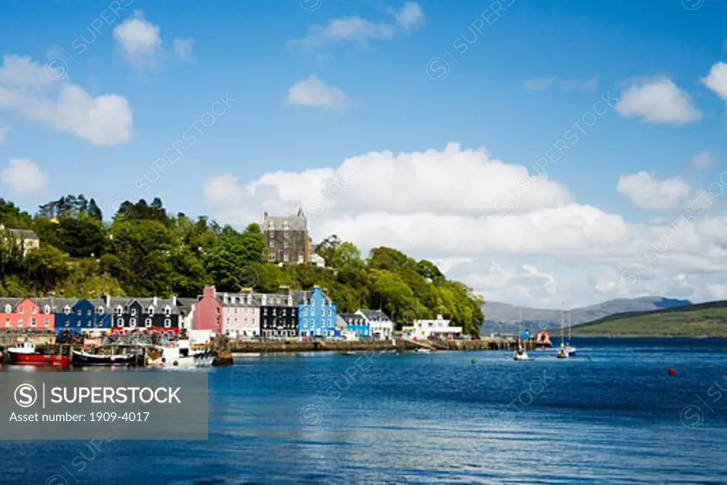 Tobermory town and harbour in late spring early summer sunshine blue sky Isle of Mull Inner Hebrides Argyll Scotland UK United Kingdom Scottish Isles GB Great Britain British Isles Europe EU