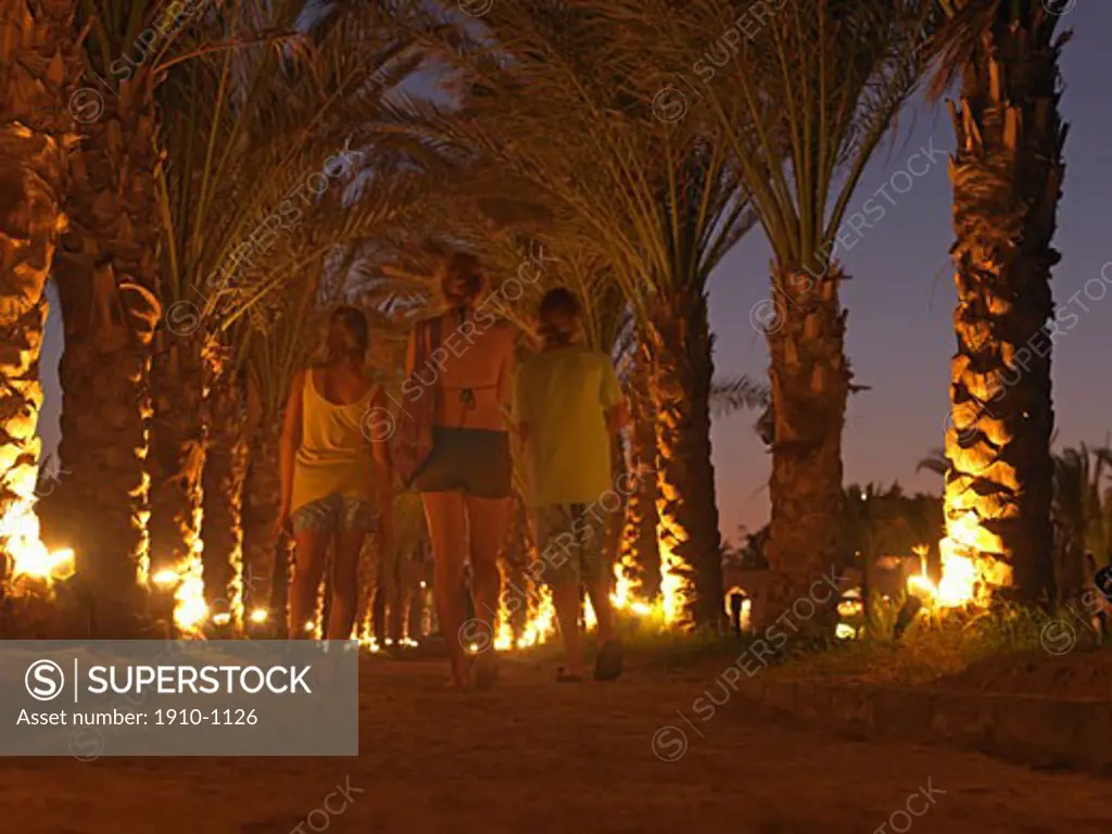 Twilight view of three teenage kids walking along sandy palm lined corridor  with ground level lighting  Egypt  Red Sea Riviera  Marsa Alam