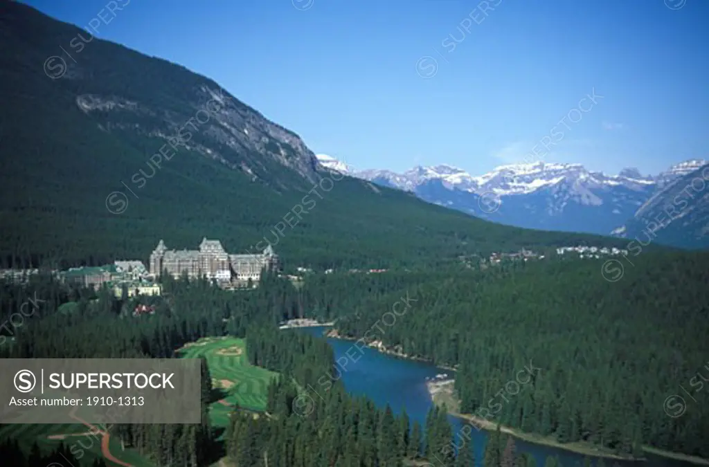 Fairmont Banff Springs hotel golf course and mountains near Banff townsite Banff Natl Park CANADA Alberta