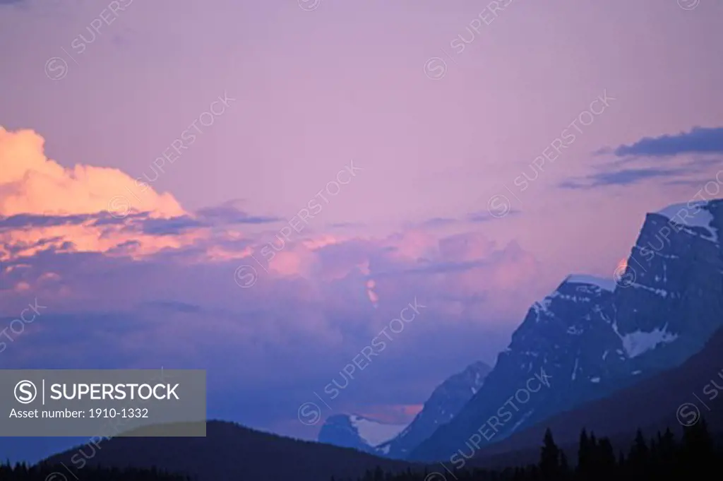 Sunset light on peaks of Mistaya Range from Bow Summit Banff NP CANADA Alberta