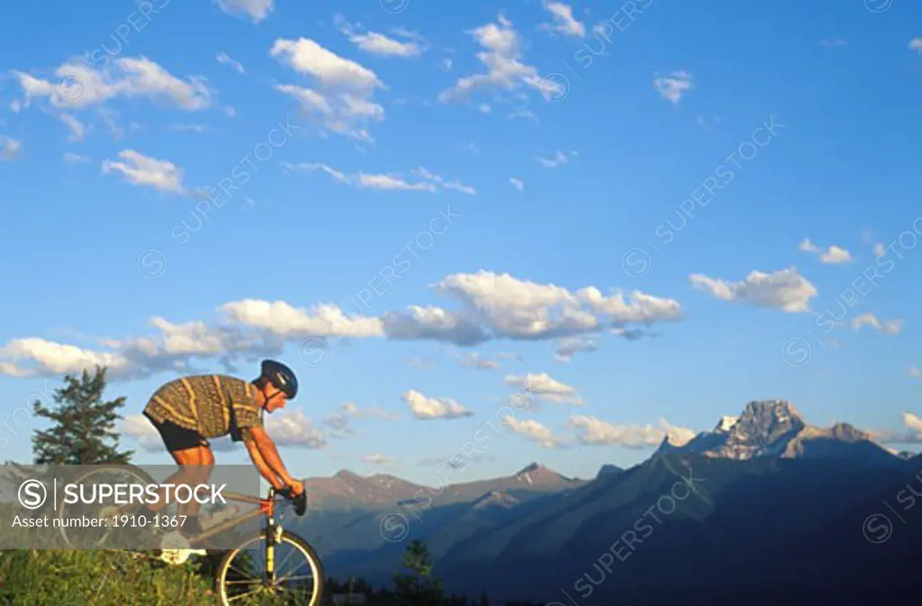 Mountain biker descending steep slope Mt Lougheed in distance above Canmore CANADA Alberta