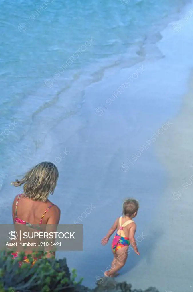 Mother and child 2 years walking along edge of beach viewed from high perspective Varadero beachsome call it the worlds greatest beachhas long been the pride of Cuba and a magnet for the rich and famous CUBA Varadero