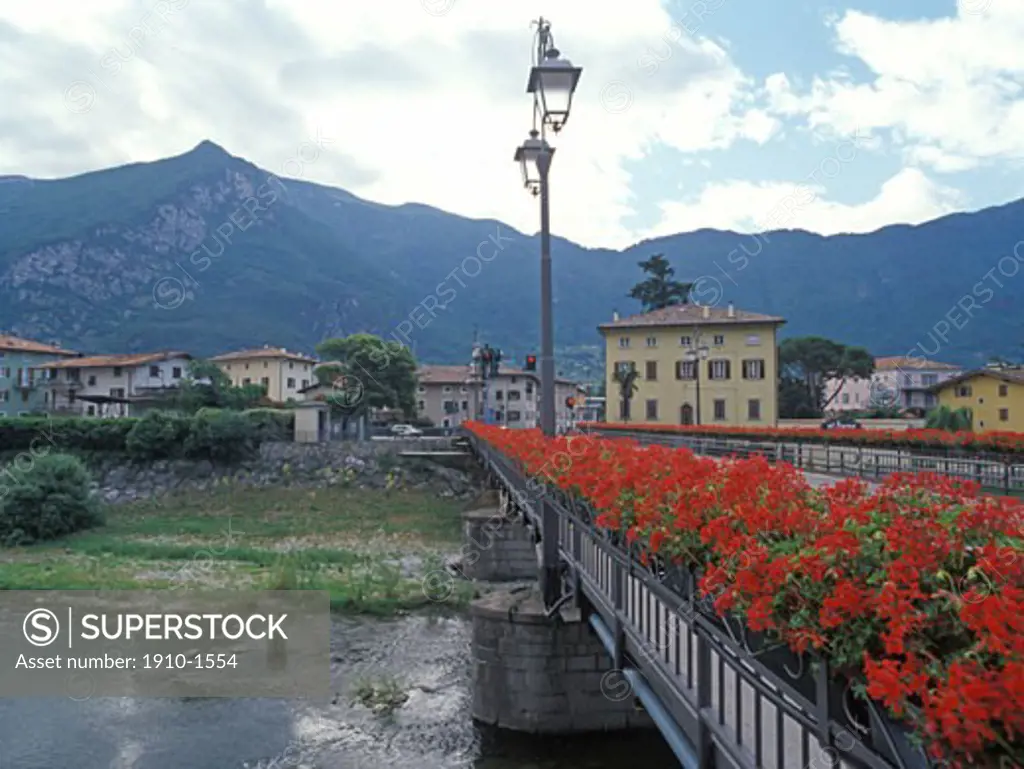 Bridge brightly decorated with flowers in Arco town center ITALY Trento