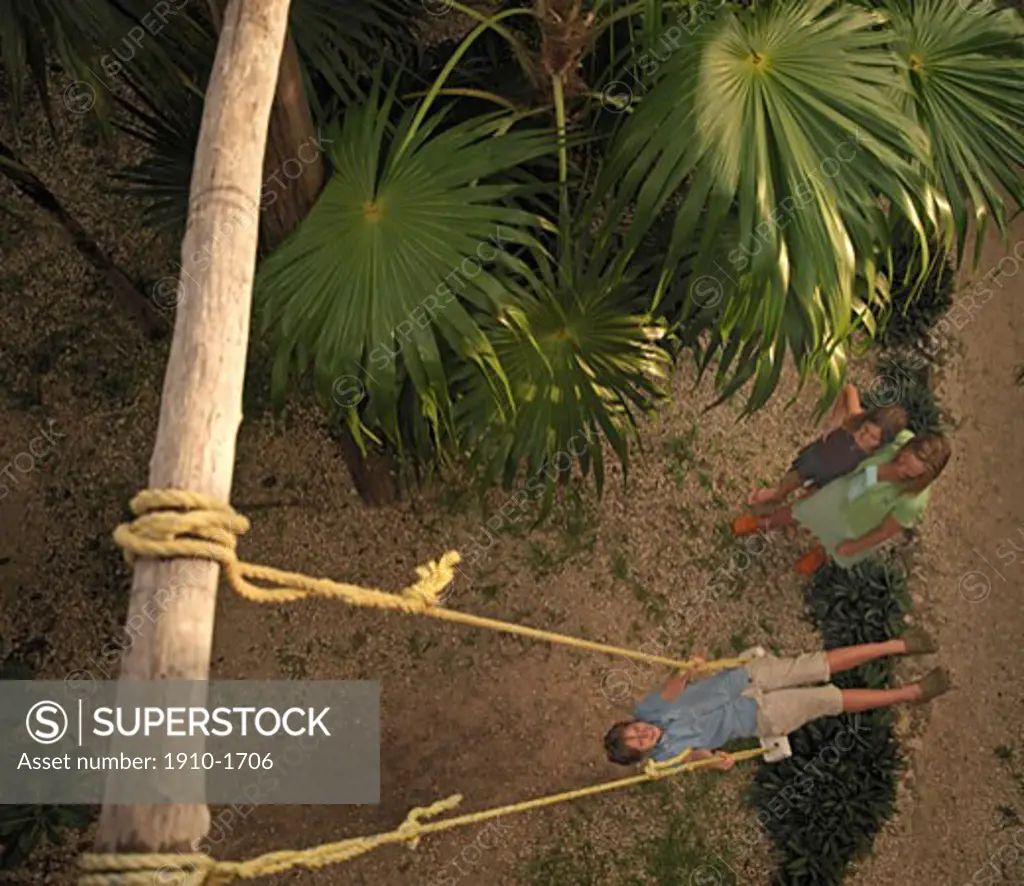 Boy on swing suspended from tree branch while others look on MEXICO Quintana Roo