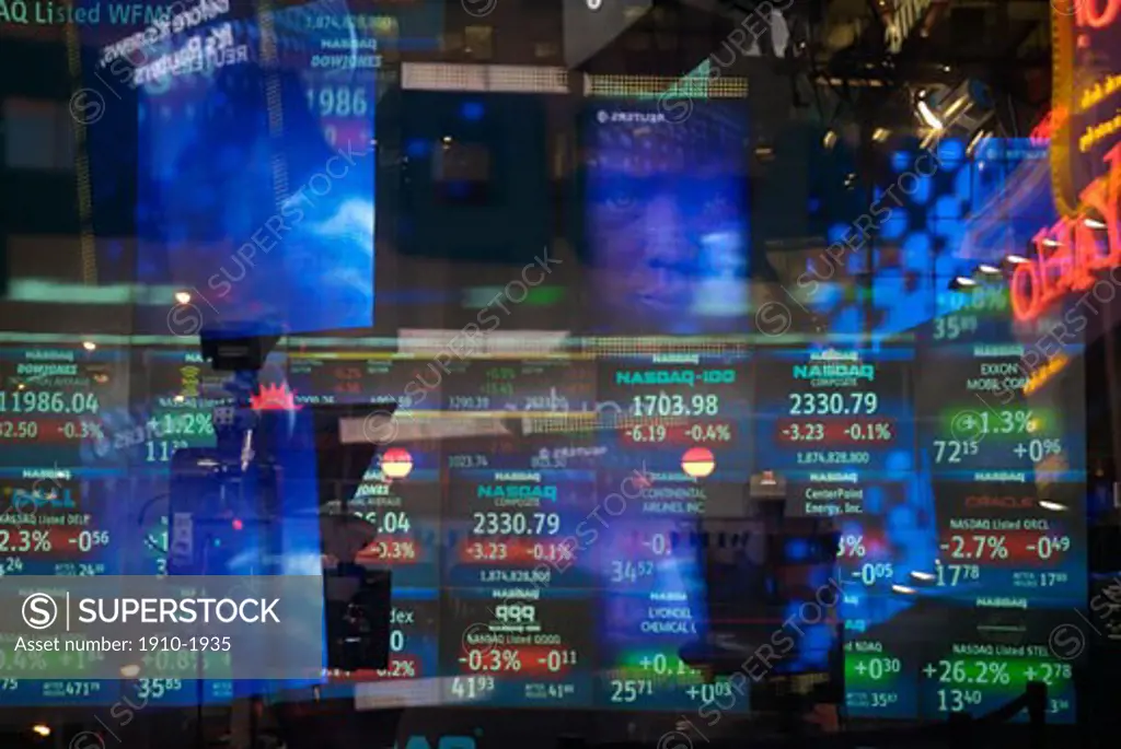 Reflection of ticker tape in window Times Square USA New York Manhattan