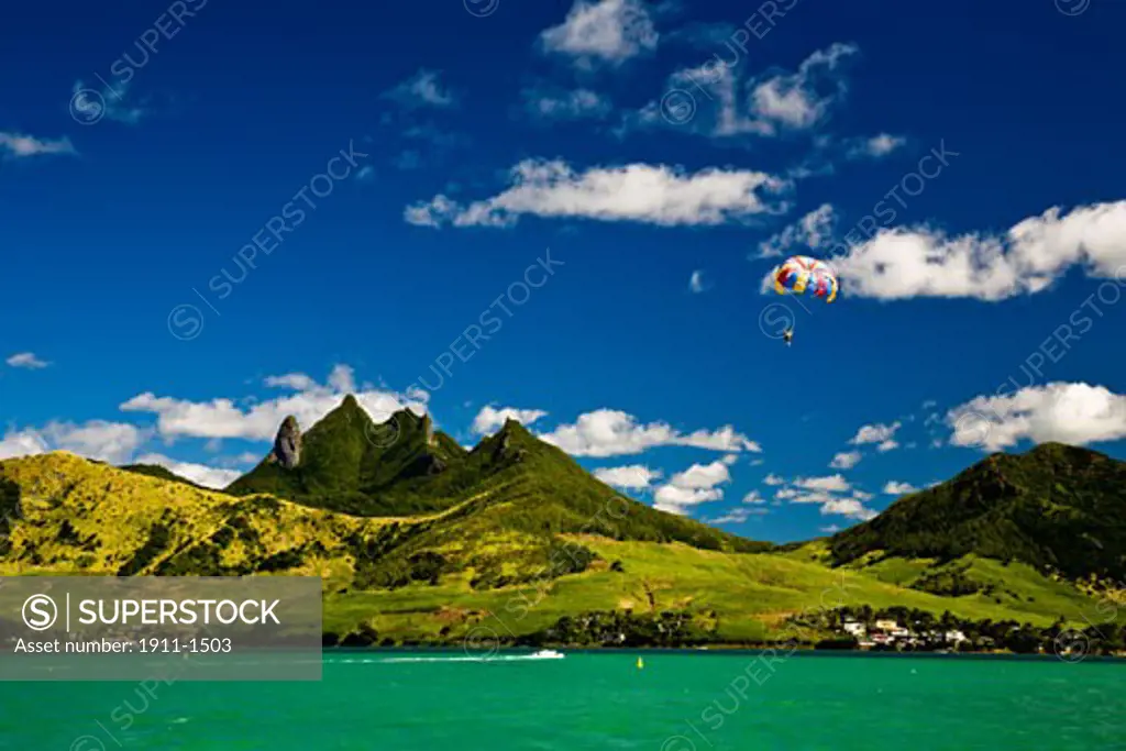 Parasailing within View of impressive Lion Mountain in Southl Mauritius  Africa