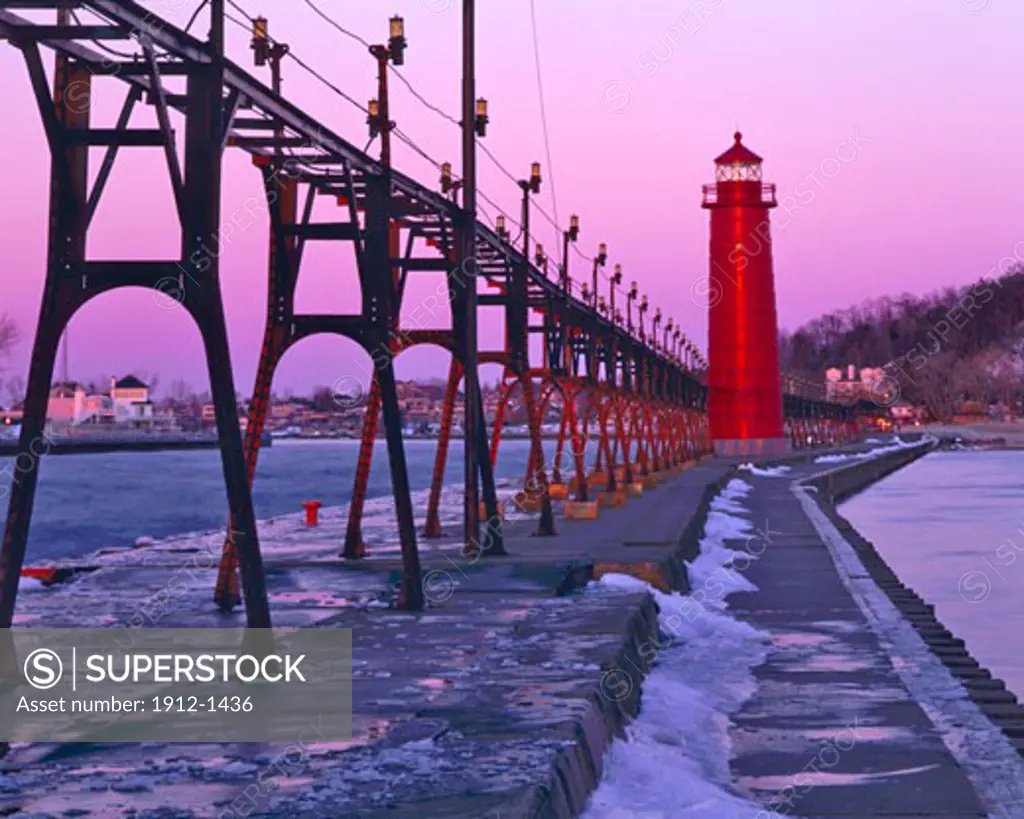 Grand Haven Lighthouse  Catwalk  Pier along Lakeshore  Lake Michigan  Grand Haven  Michigan